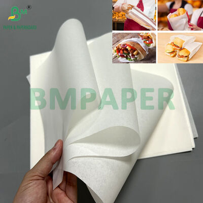 35gsm 40gsm সাদা রঙের গ্রীসপ্রুফ পেপার ফাস্ট ফুড ব্যাগের জন্য ৩৯০মিমি ৫৩২মিমি